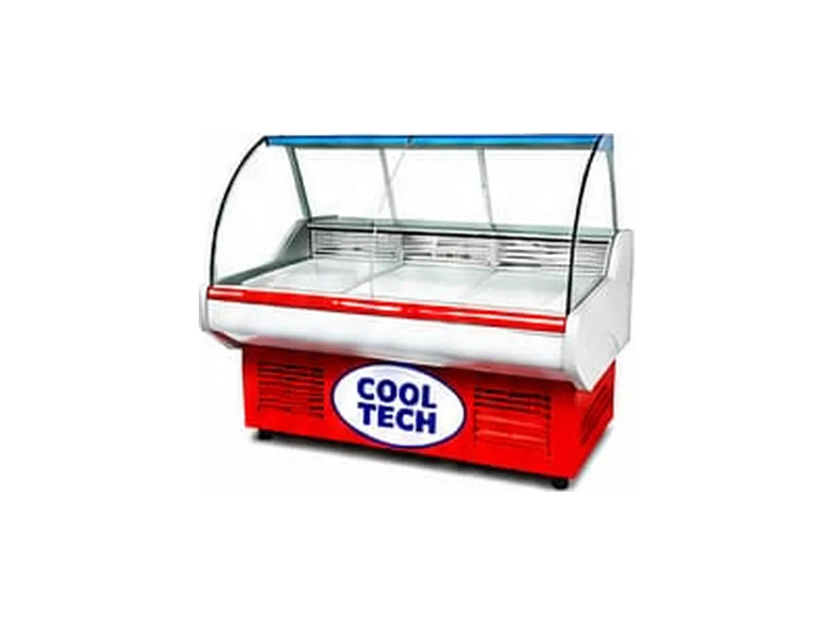 Refrigerated glass-front meat display counter with curved glass top and stainless steel base