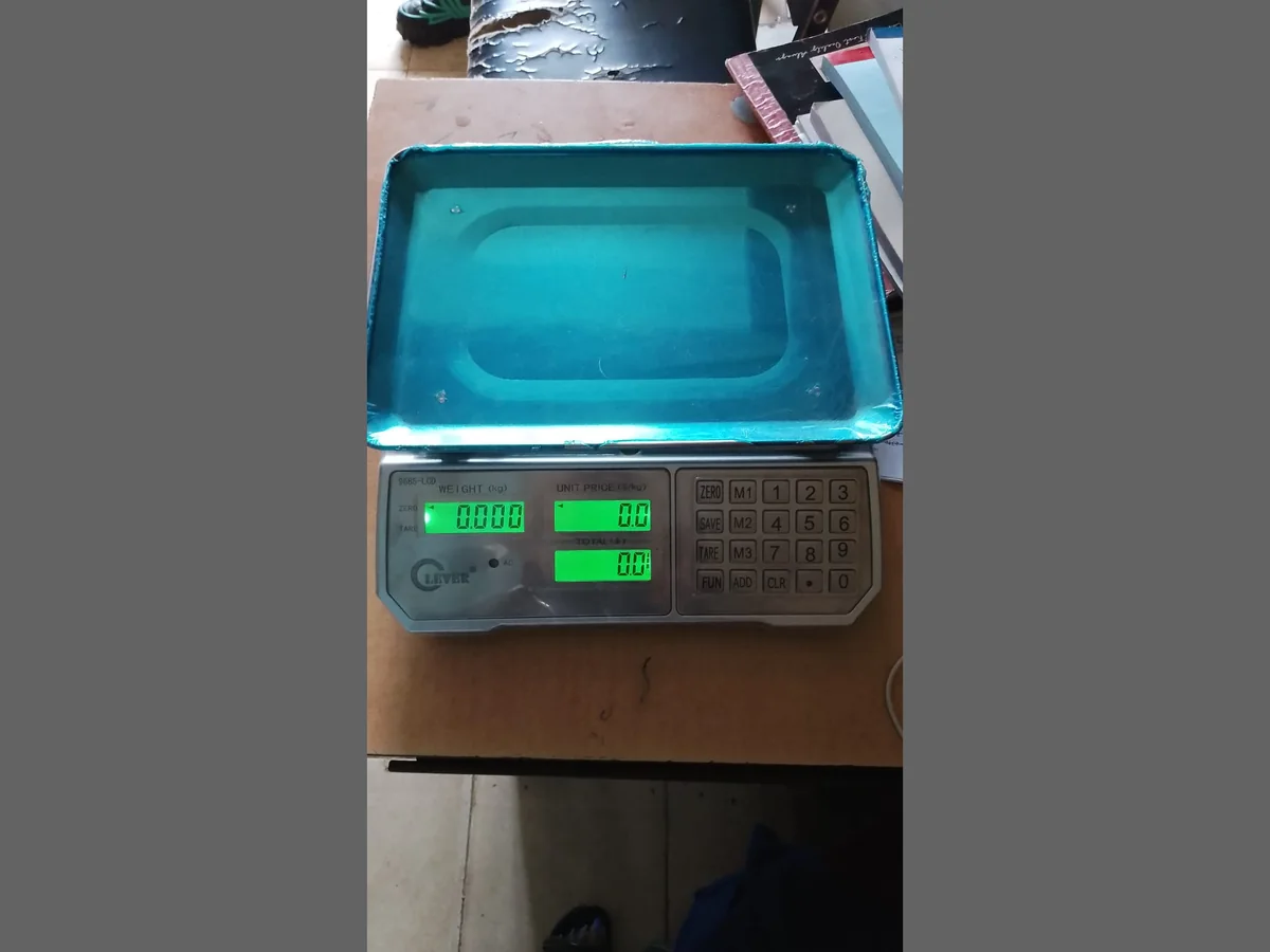 Flat Scale Flat digital price computing weighing scale with stainless steel pan, green LCD weight, unit price and total displays and keypad