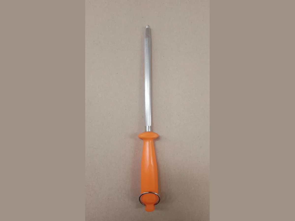 New Steel Knife sharpening steel with orange handle and hanging ring