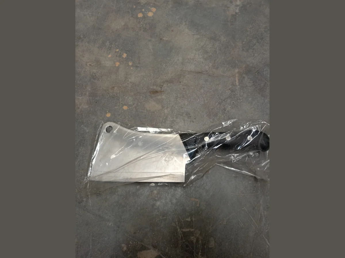 1.5kg Cleaver Stainless steel butcher cleaver with black handle, still in its protective wrapping