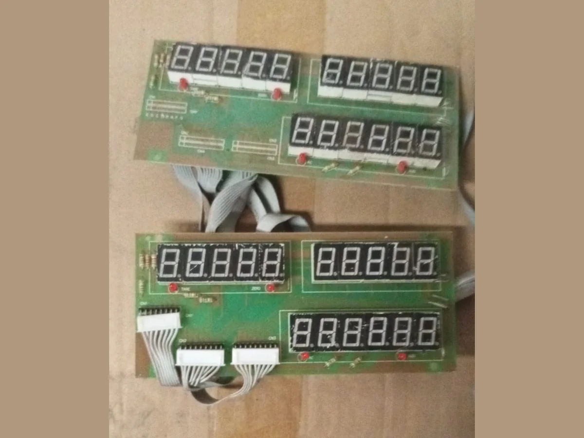 Hanging Screen Weighing scale display boards with red seven segment digit panels and ribbon cables