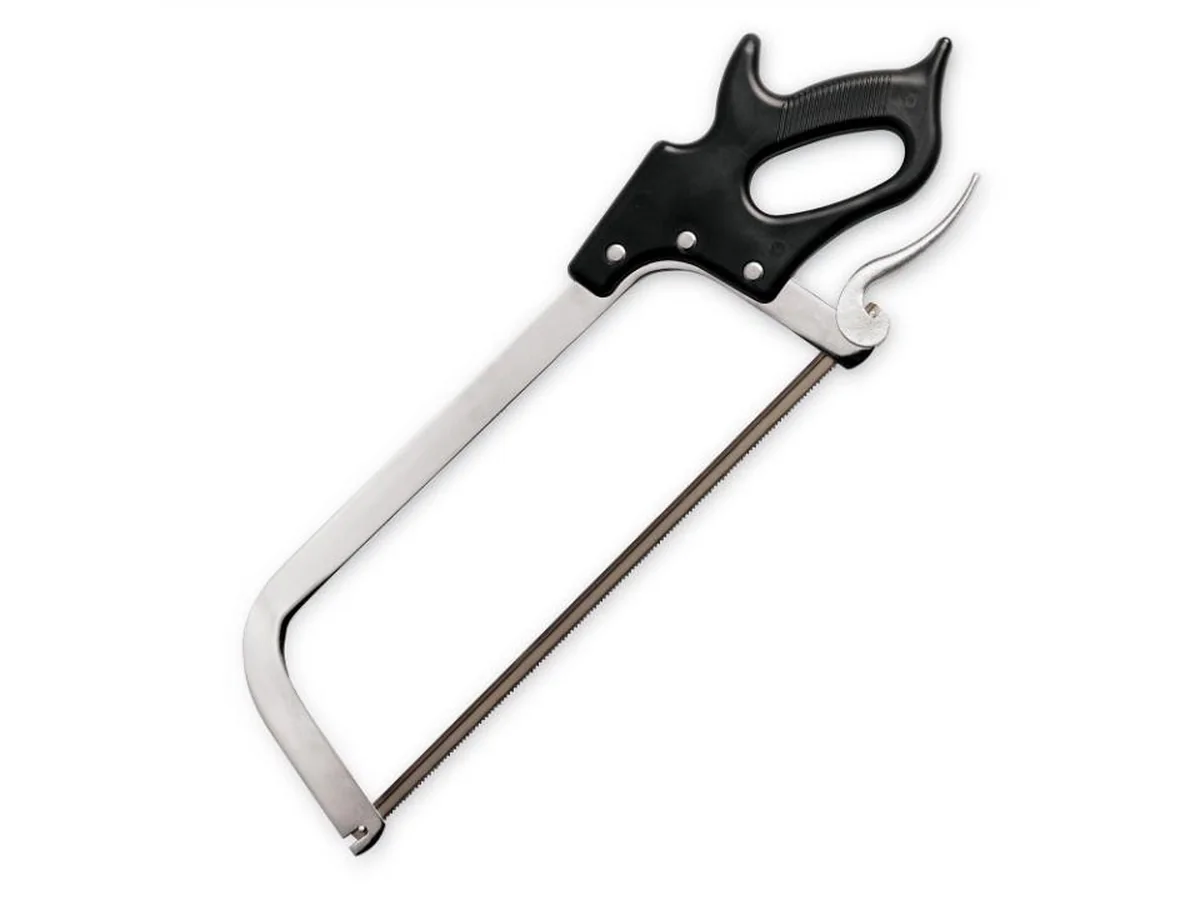 Man Saw 16 Manual butchery bow saw with stainless steel frame, toothed blade and black moulded handle