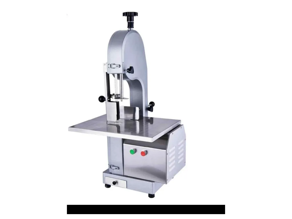 Bench-top meat and bone band saw machine with stainless steel cutting table and start/stop buttons