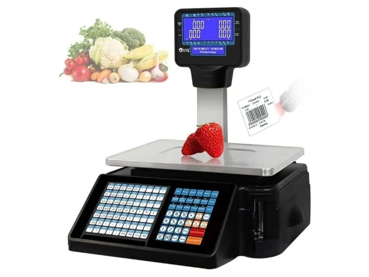 Label printing retail weighing scale with keypad, raised customer display and printed barcode label