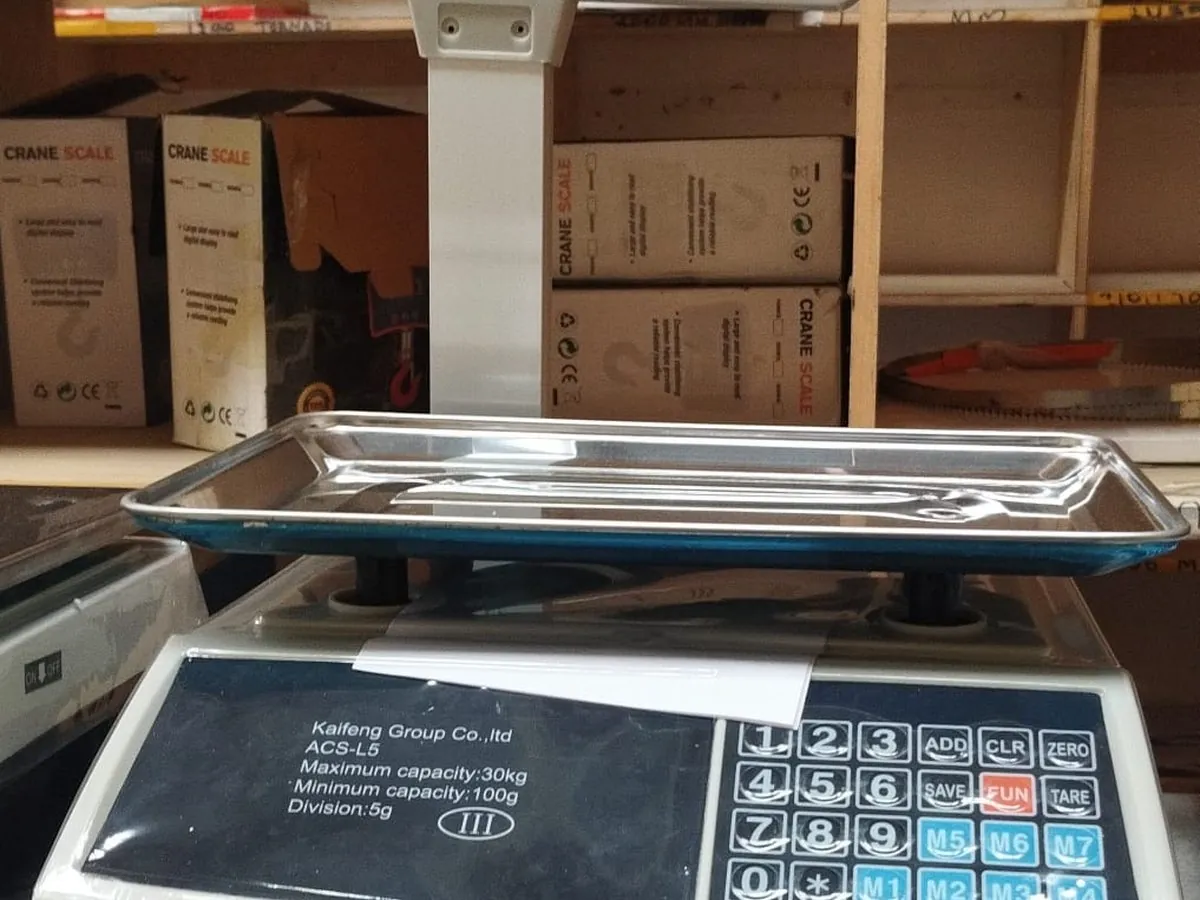 Price computing counter scale on the Capitol shop counter, labelled maximum capacity 30kg, minimum 100g, division 5g